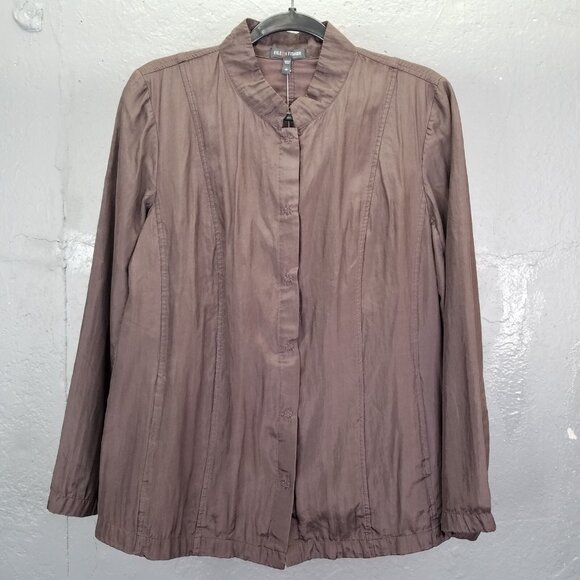 Eileen Fisher Seamed Jacket Medium Silk Blend Crinkle Clove Brown Snap Front NEW - Picture 1 of 16